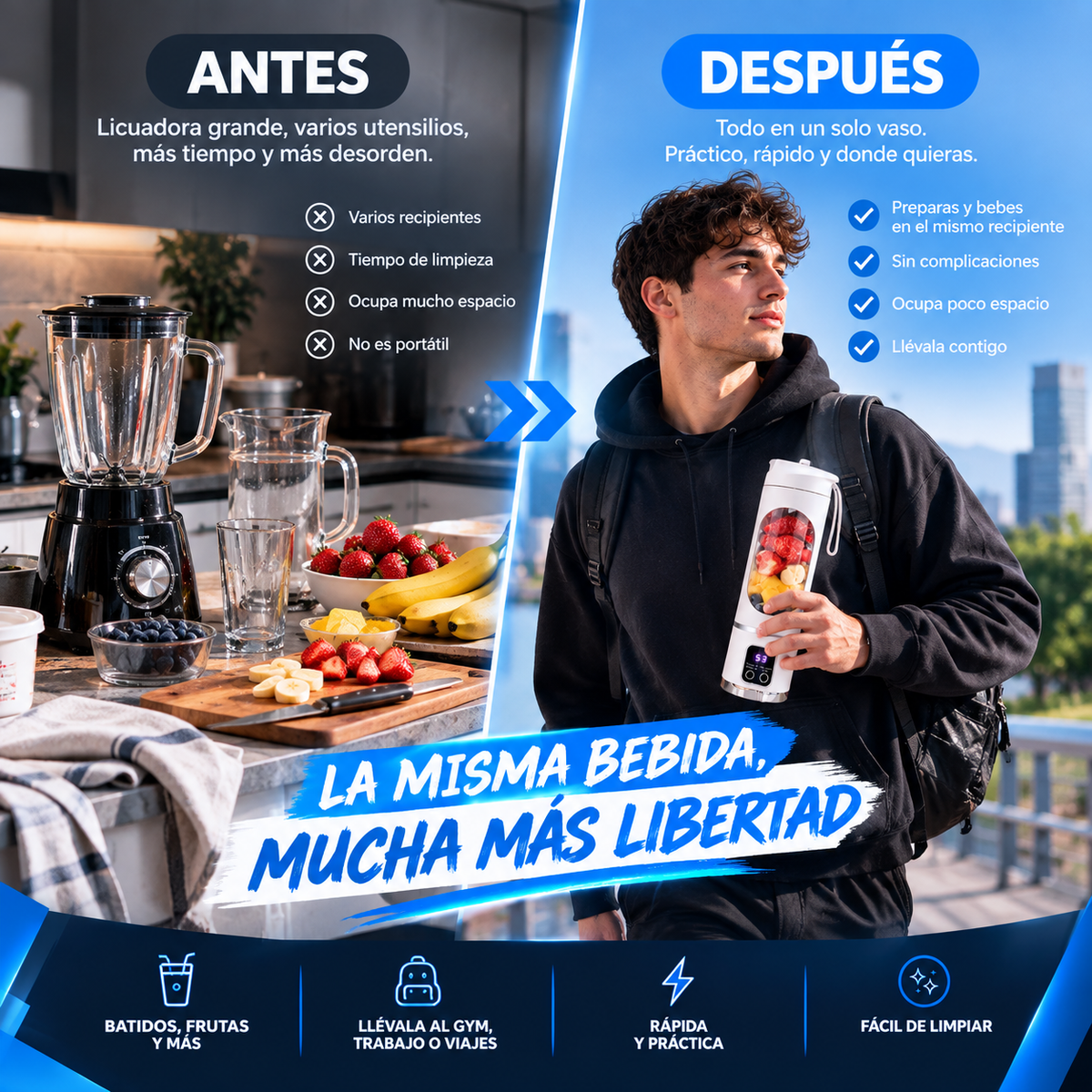 Licuadora-Procesadora Portatil Recargable.